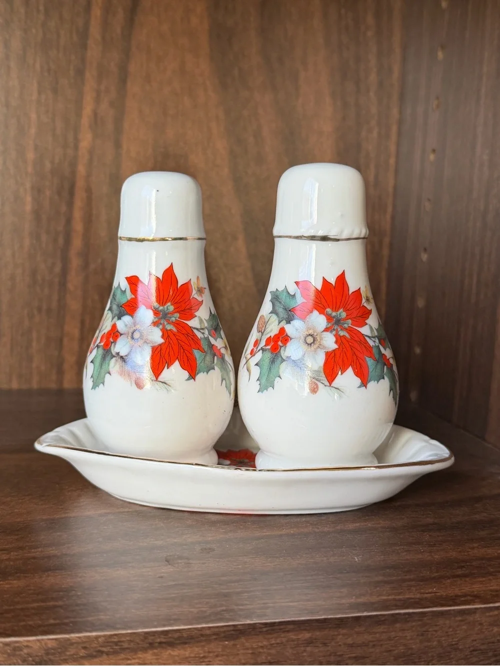 Fine Bone China salt and pepper shakers poinsettia and holly design